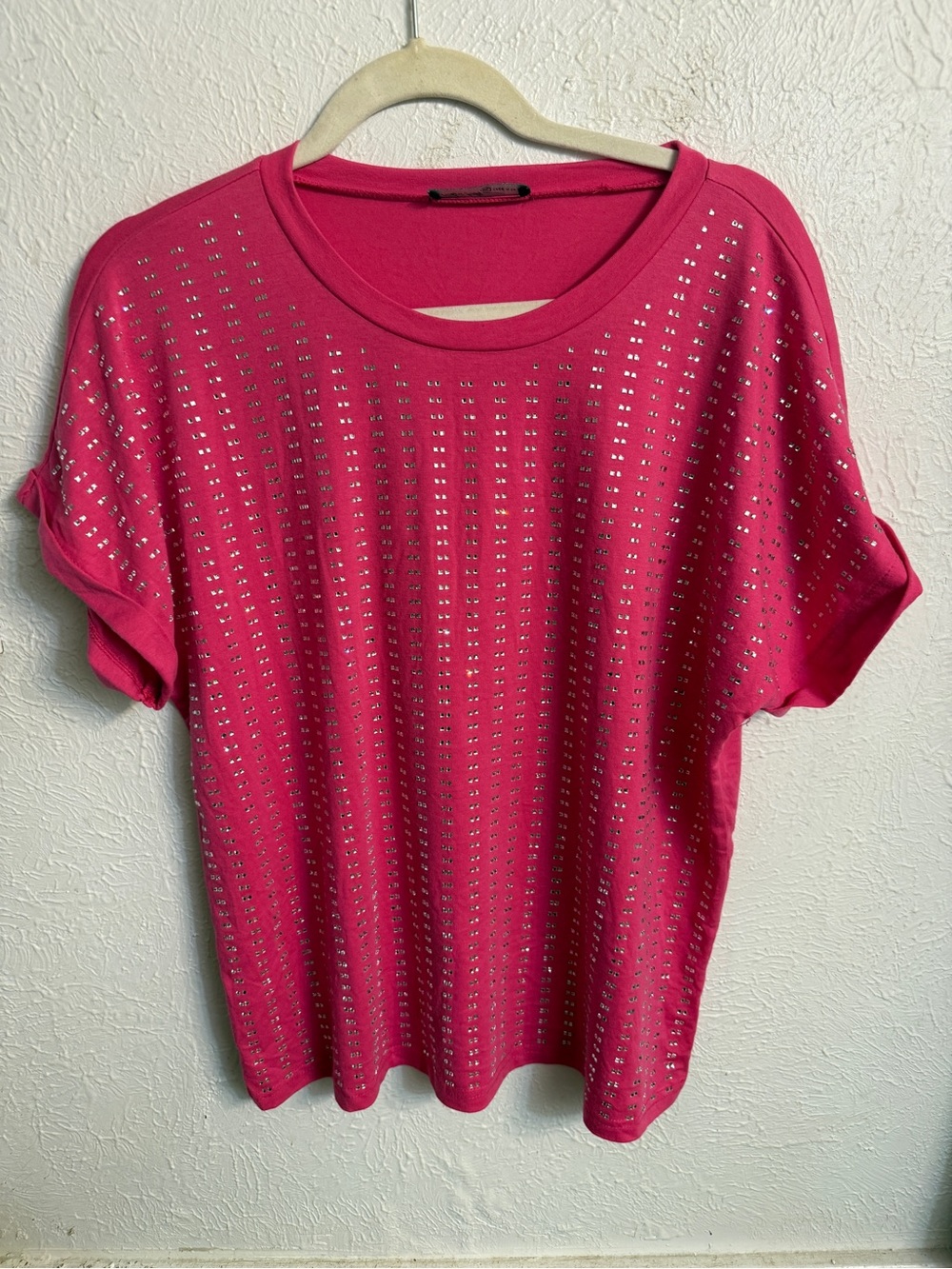 Studded Hot Pink Short Sleeve Women's Top